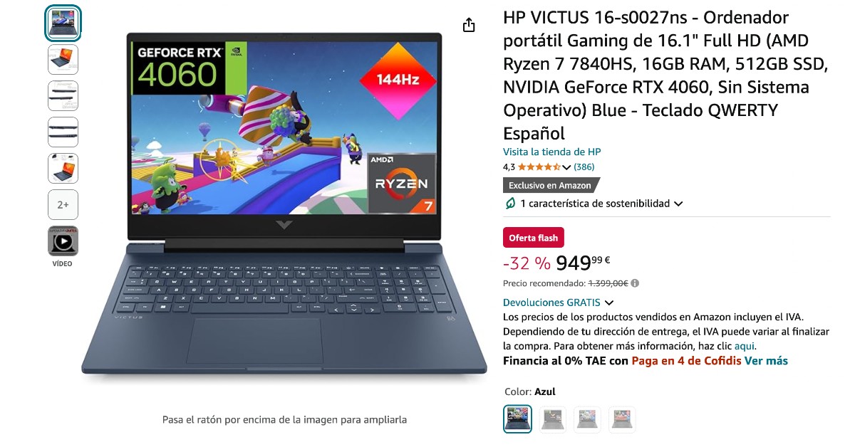 ¡Portátil para juegos HP VICTUS 16-s0027ns con un descuento de 450 €!