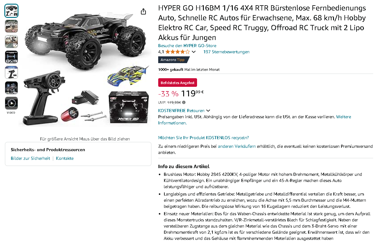 Screenshot des HYPER GO H16BM RC Monstertrucks auf Amazon