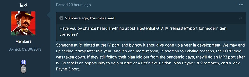 A screenshot of Tez2's post about the GTA IV remaster