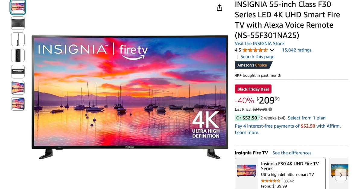 INSIGNIA 55-inch Class F30 Smart Fire TV - Black Friday $140 Discount!