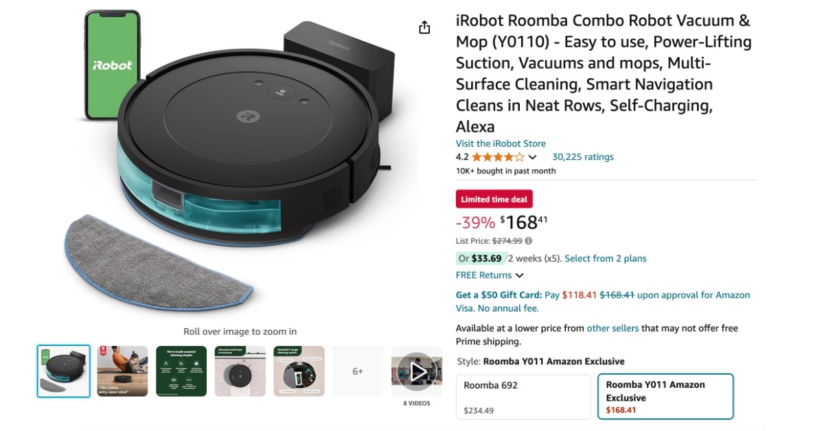 iRobot Roomba Combo Robot Vacuum & Mop (Y0110) - $106 Off Great Opportunity to Buy!