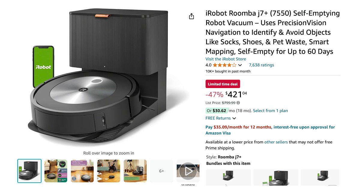 iRobot Roomba j7+ Self-Emptying Robot Vacuum -  $378 Off Limited Time Deal!