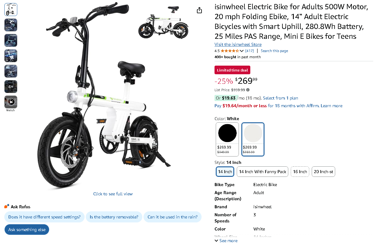 Screenshot of the isinwheel U1. Source: Amazon isinwheel Electric Bike U1 - Compact and Stylish
