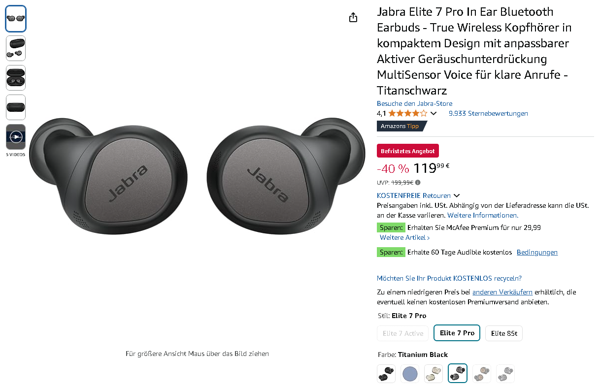 Screenshot der Jabra Elite 7 Pro auf Amazon