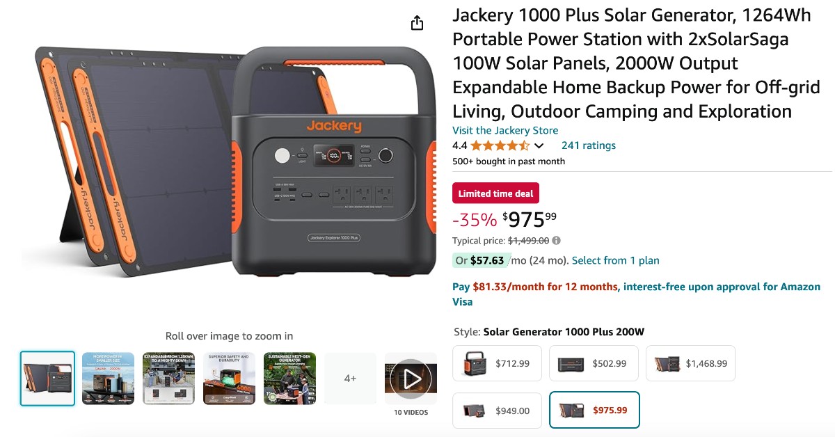 Jackery 1000 Plus Solar Generator with 2xSolarSaga Solar Panels - Limited time deal $524 Off!