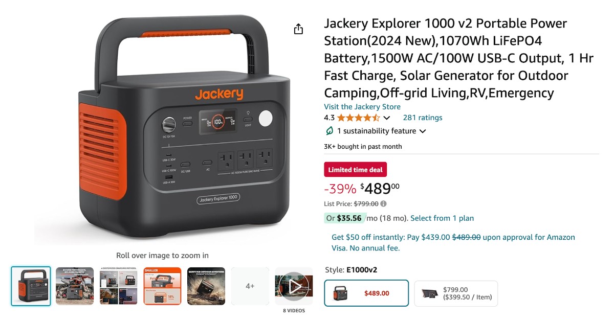 Jackery Explorer 1000 v2 Portable Power Station - $310 OFF!