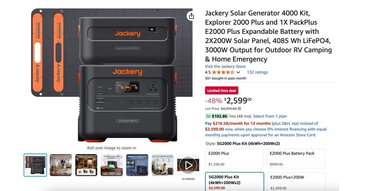 Jackery Solar Generator 4000 Kit with 2x200W Solar Panels - NOW $2400 Discount!