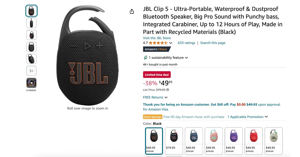 JBL Clip 5 Bluetooth Speaker - Limited $30 Off!