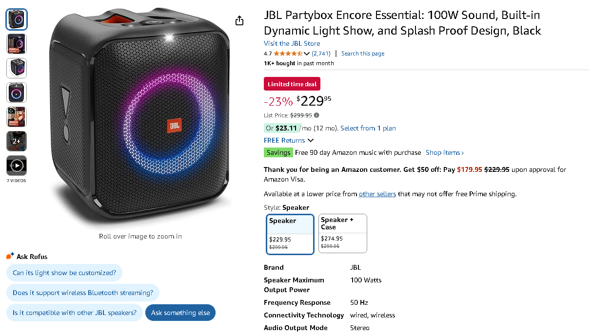 Screenshot of the JBL Partybox Encore Essential speaker