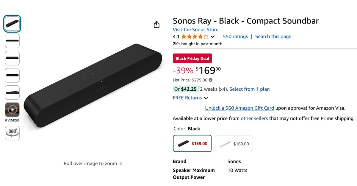 Sonos Ray Compact Soundbar - $110 Discount! Black Friday Deal!