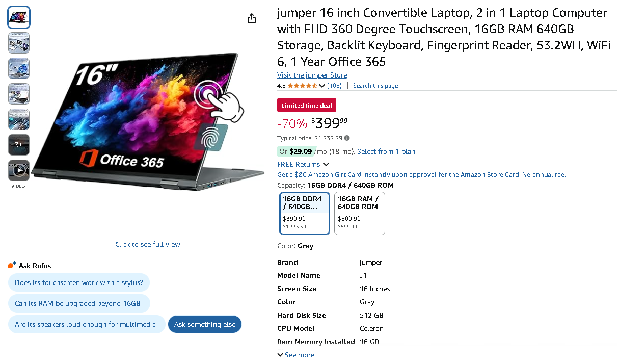 Screenshot of the Jumper 16-inch Laptop