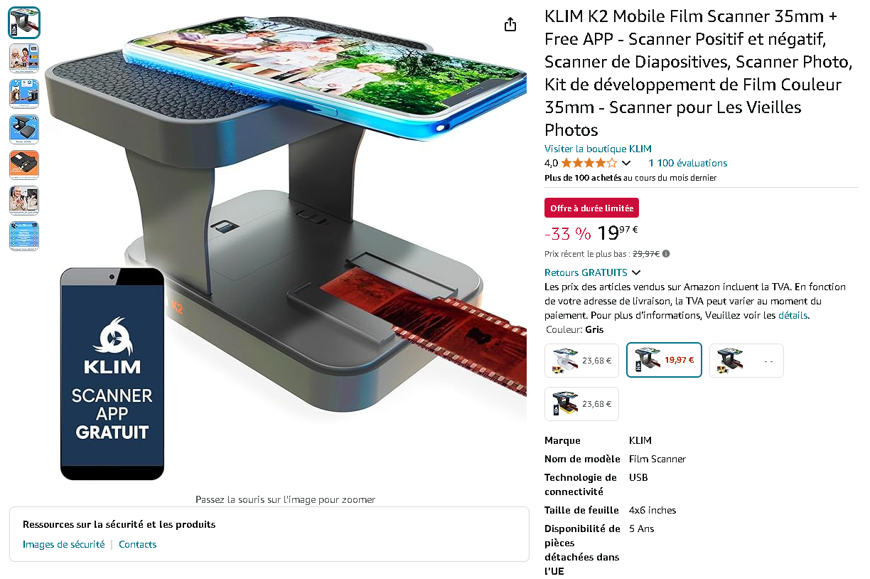 Capture d'écran de la page des KLIM K2 Scanner sur Amazon