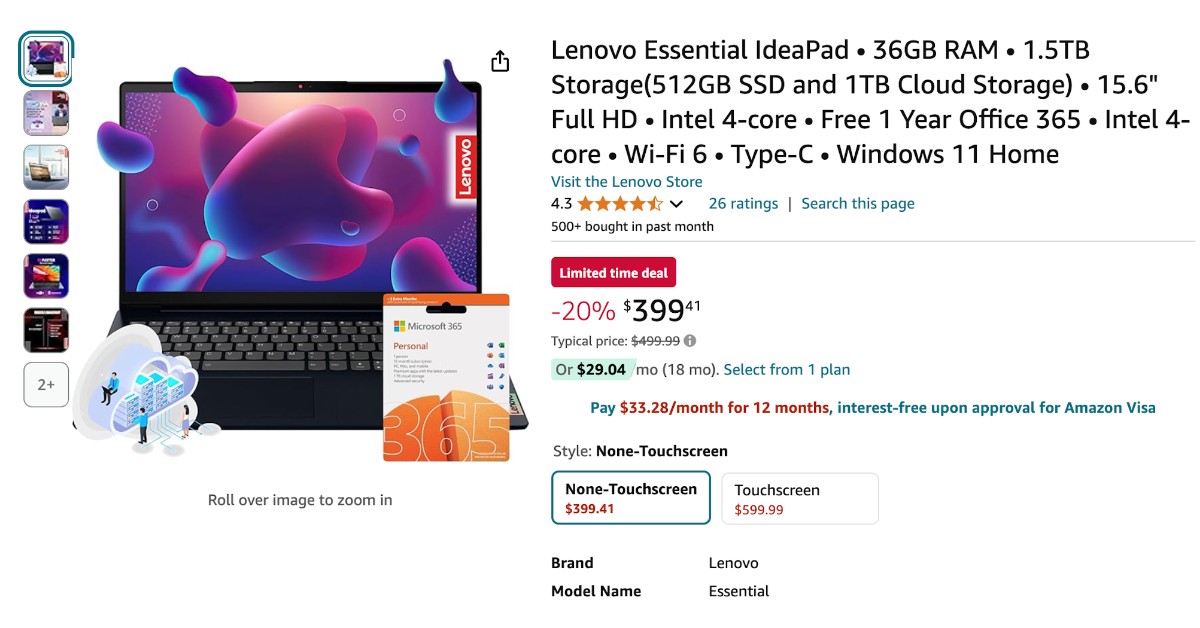 Lenovo Essential IdeaPad Laptop - Limited time deal $100 Discount!