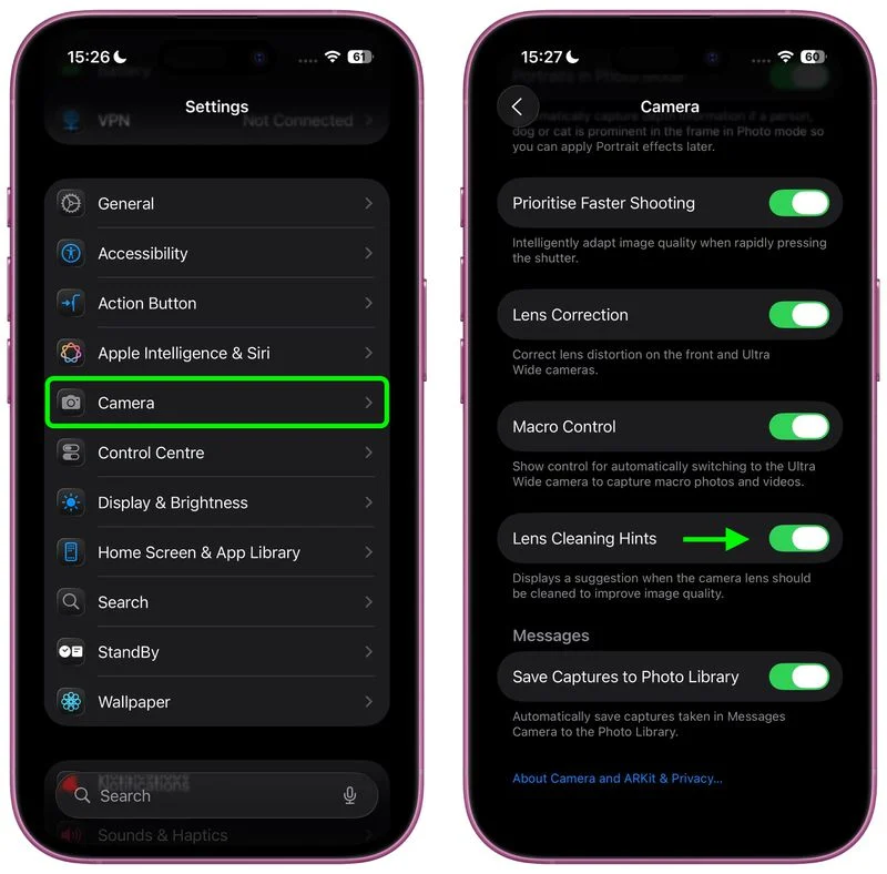 How to turn on the camera wipe prompt