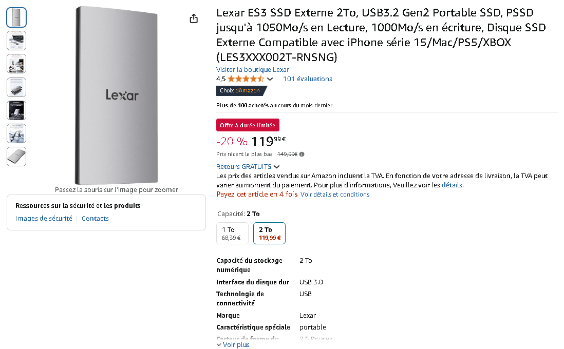 Capture d'écran de la page des Lexar ES3 sur Amazon