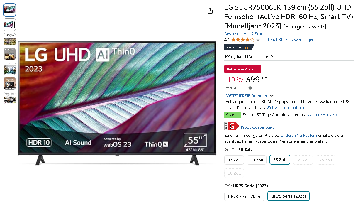 Screenshot der LG 55UR75006LK. Quelle: Amazon
