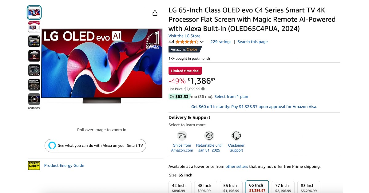 LG 65-Inch OLED evo C4 Smart TV Now Available - Now $1,313 Discount!