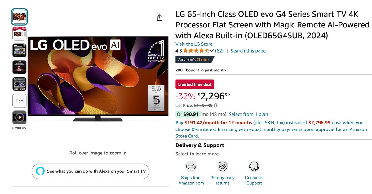 Exciting Opportunity: Save $1103 on the LG 65-Inch OLED evo G4 Series Smart TV!