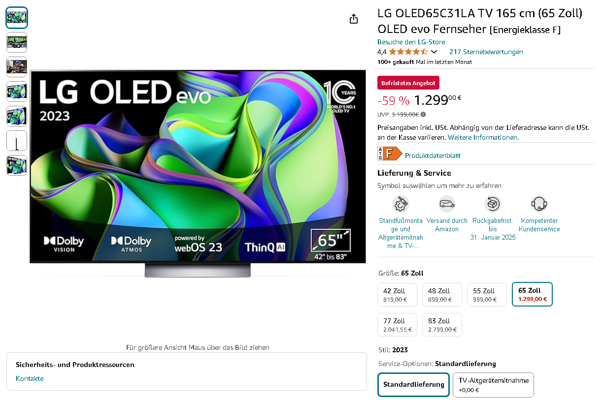 Screenshot des LG OLED65C31LA Smart TV auf Amazon