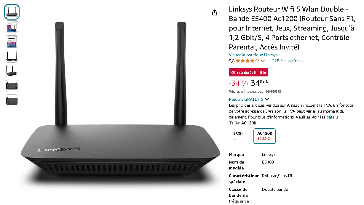 Capture d'écran du Linksys E5400 sur Amazon