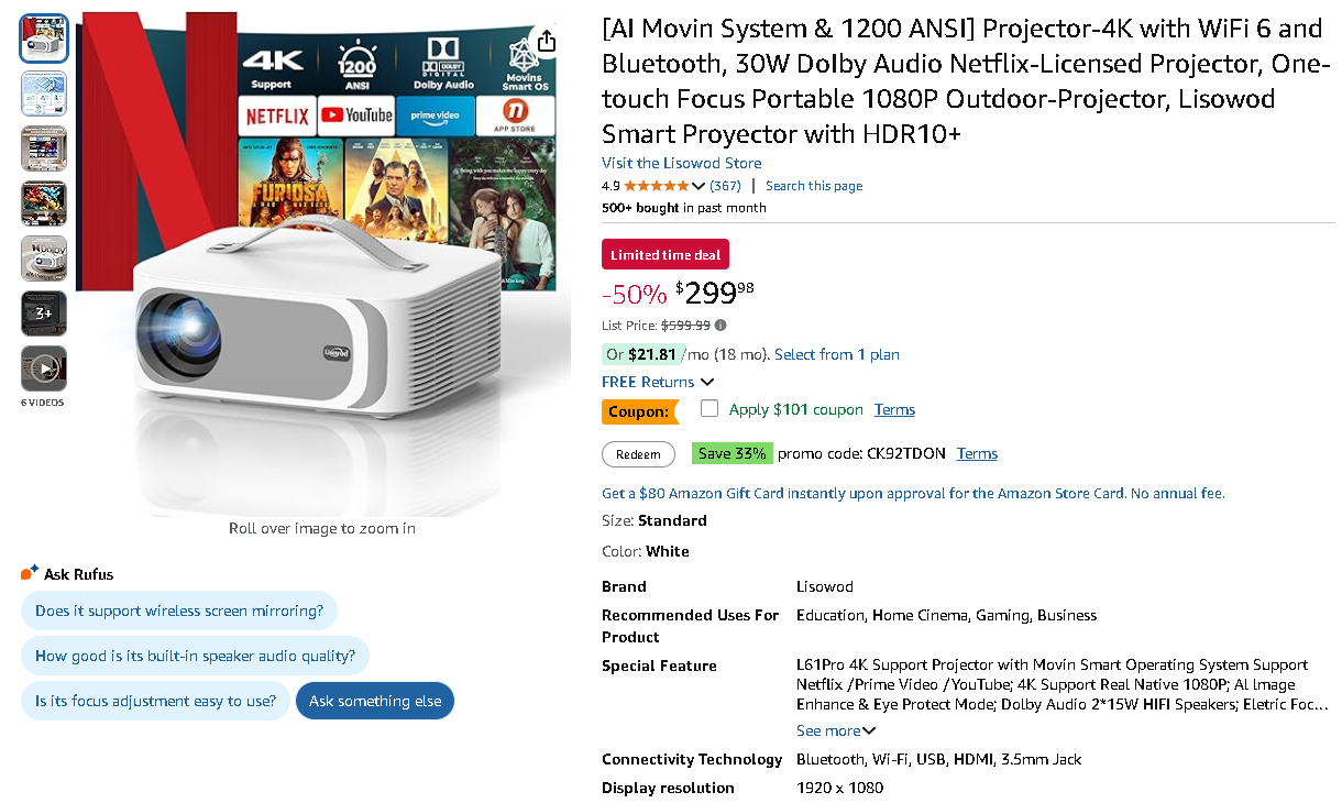 Lisowod L61 Pro Projector Screenshot of the Lisowod L61 Pro. Source: Amazon