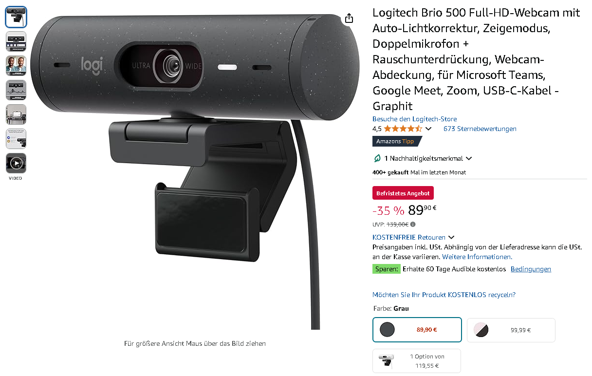 Screenshot der Logitech Brio 500 Webcam