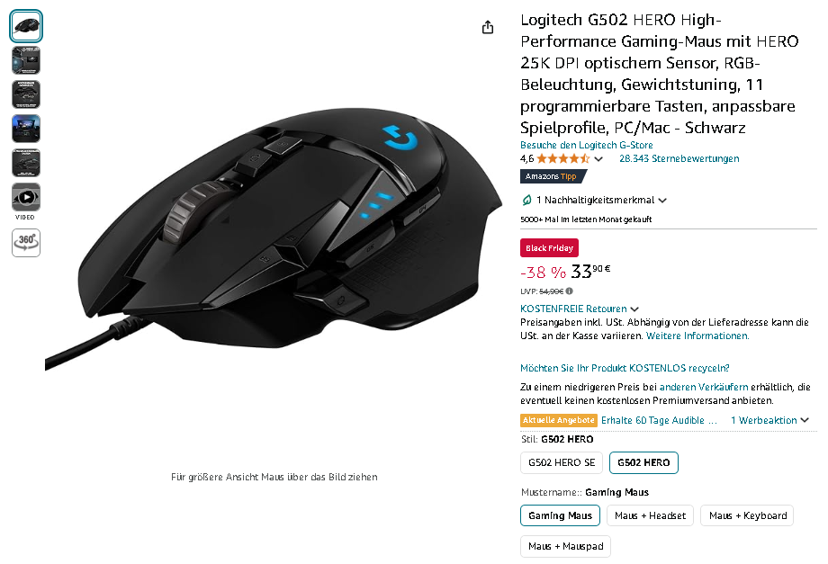 Screenshot der Logitech G502 HERO Gaming-Maus