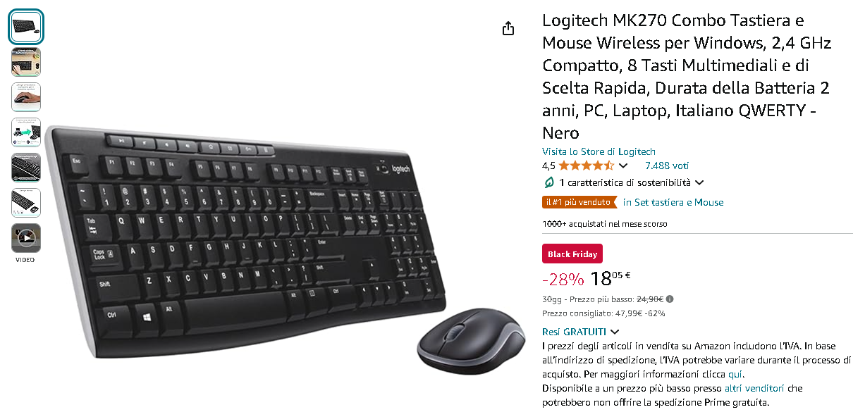 Screenshot della pagina Logitech MK270