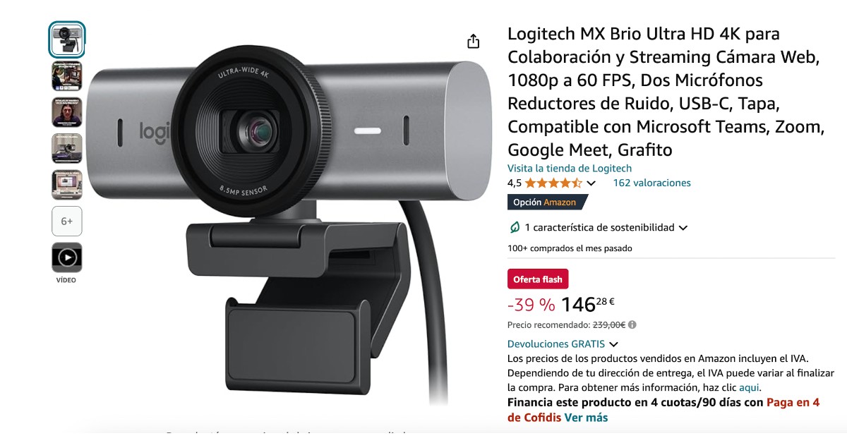 Webcam Logitech MX Brio Ultra HD 4K - descuento de 93€ ¡No te lo pierdas!