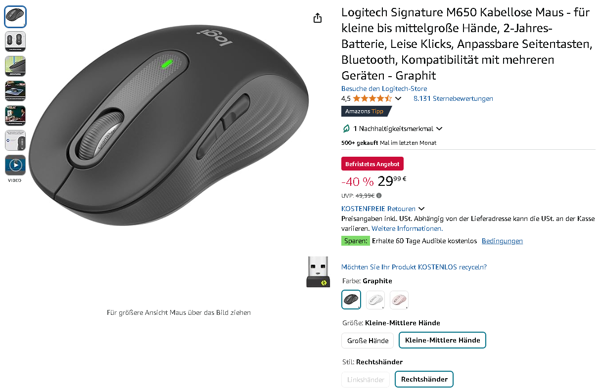 Screenshot der Logitech M650 Maus