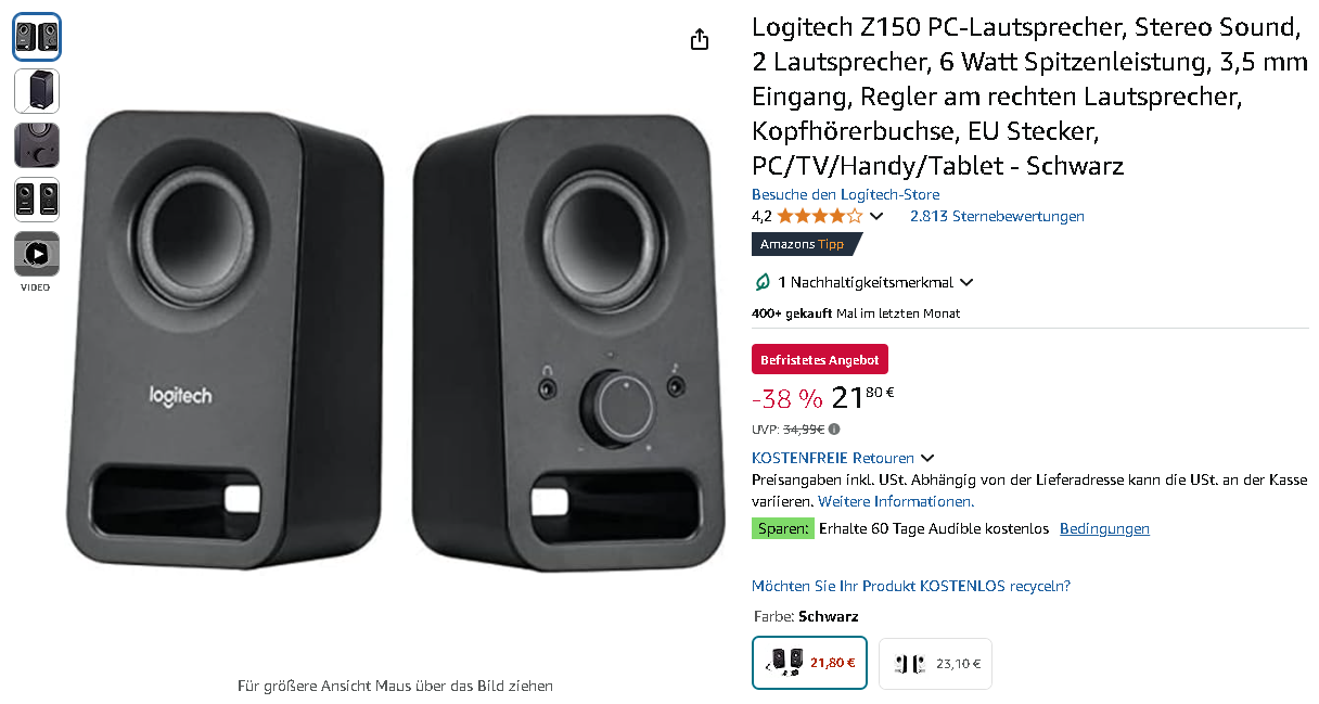 Screenshot der Logitech Z150 Lautsprecher