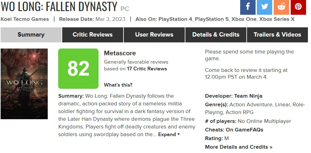 Fans von Souls werden sich freuen: Kritiker haben das Action-RPG Wo Long: Fallen Dynasty vom japanischen Studio Team Ninja-2