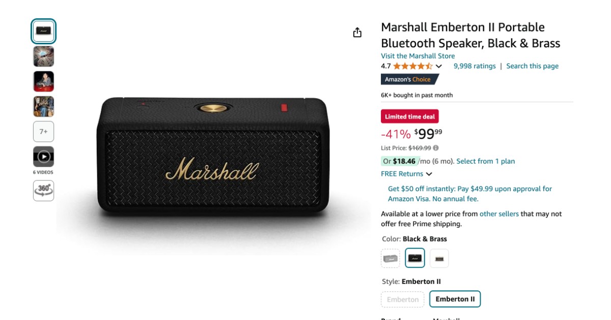 Marshall Emberton II Portable Bluetooth Speaker - NOW $70 Off Limited Time Deal!