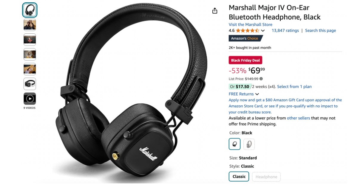 Marshall Major IV On-Ear Headphone - Limited $80 OFF! Black Friday Deal!