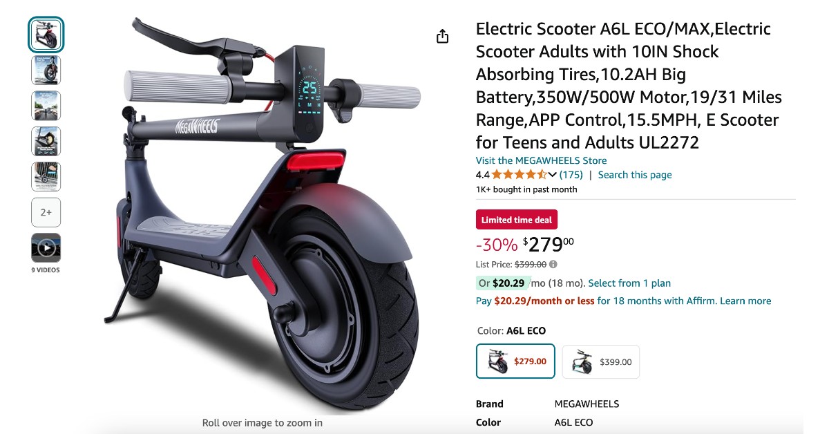 MEGAWHEELS Electric Scooter A6L ECO/MAX - Buy Now with $120 Off!