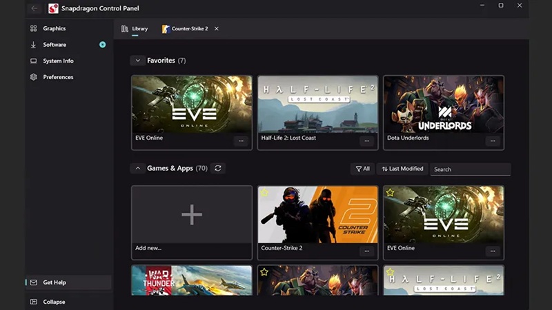 Snapdragon Control Panel interface screenshot