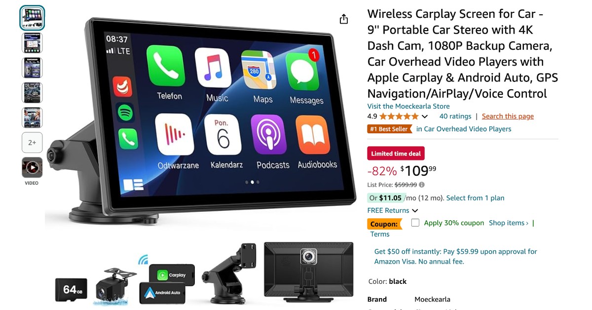 Moeckearla Wireless Carplay Screen - $490 Off NOW!