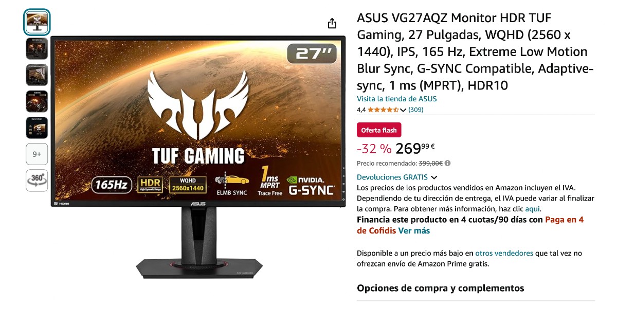 ¡ASUS VG27AQZ HDR TUF monitor de juegos con un descuento de 130€ Oferta por tiempo limitado!