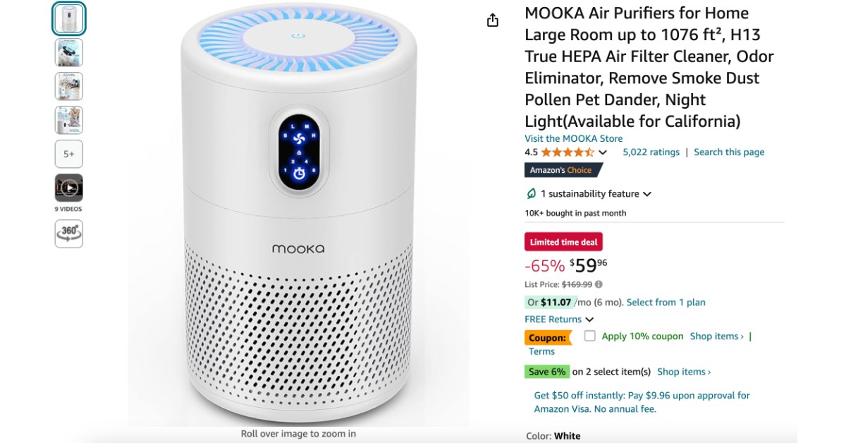 MOOKA Air Purifiers for Home - NOW $110 Discount!