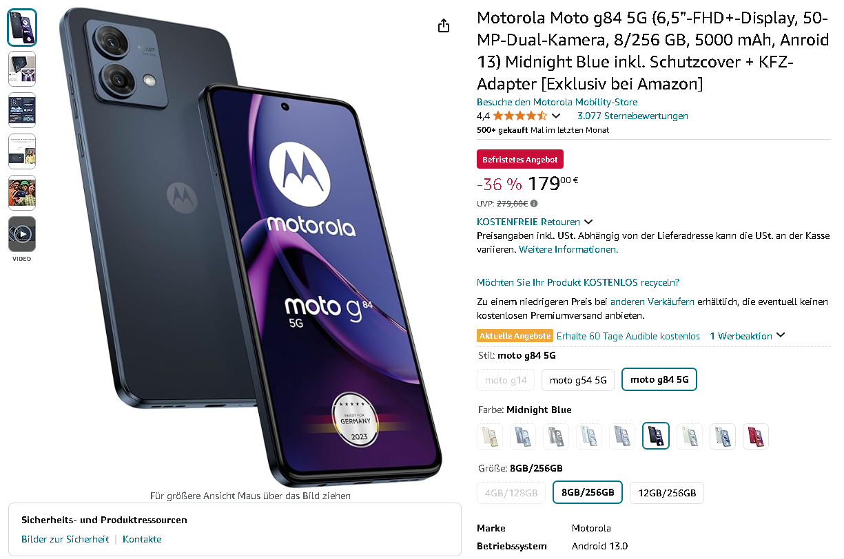 Screenshot der Motorola Moto g84 5G. Quelle: Amazon