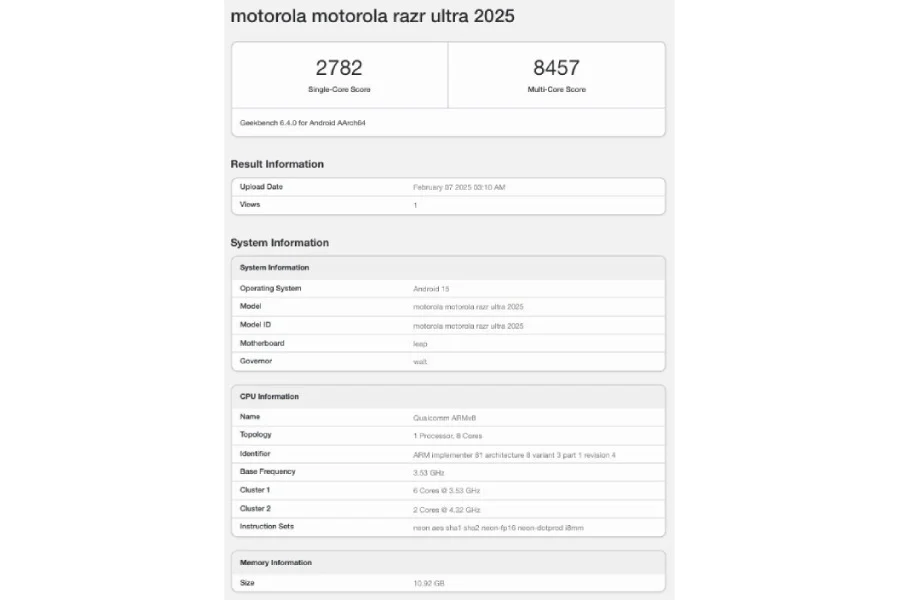 Motorola Razr Ultra 2025 з коду Geekbench