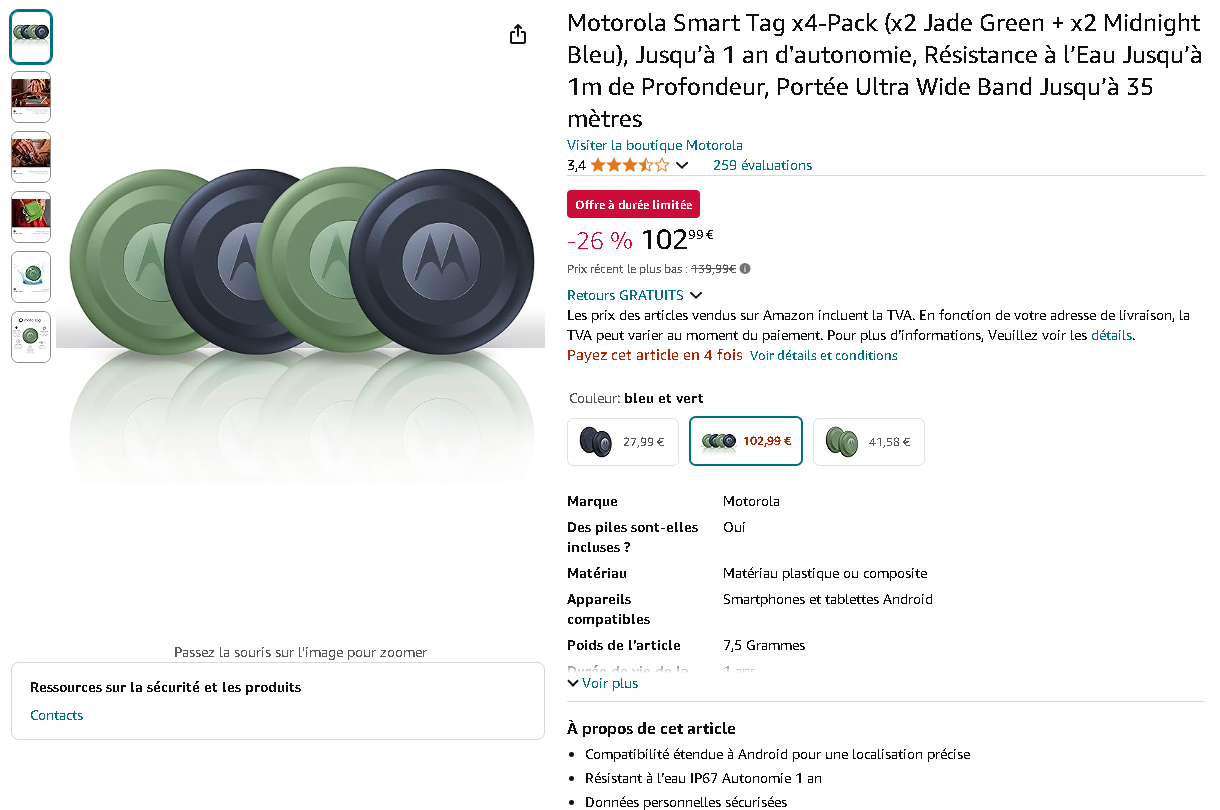 Capture d'écran de la page des Motorola Smart Tags