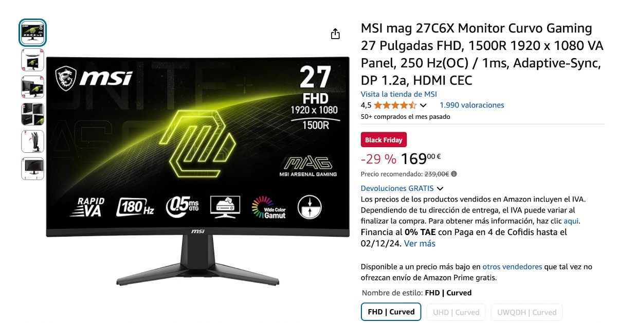 Monitor curvo MSI MAG 27C6X en oferta