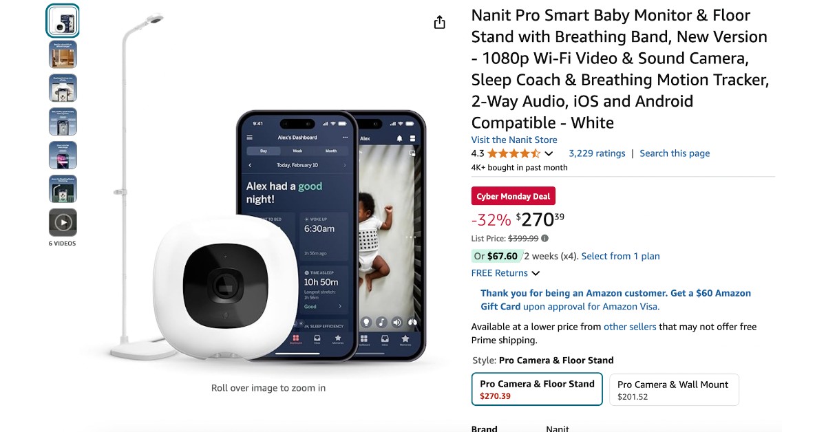 Nanit Pro Smart Baby Monitor Floor Stand - $129 Discount! Don't miss it!