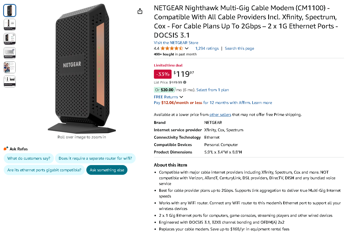 NETGEAR Nighthawk CM1100 Cable Modem