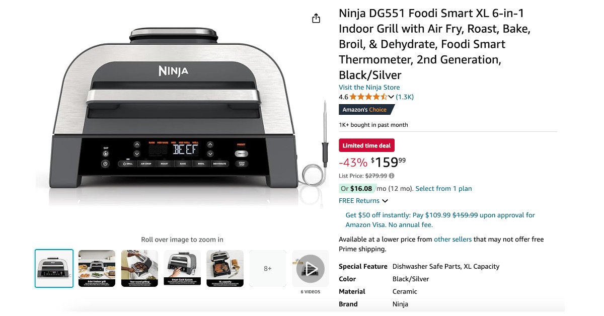 Ninja DG551 Foodi Smart XL 6-in-1 Indoor Grill with Air Fry - Now $120 discount!