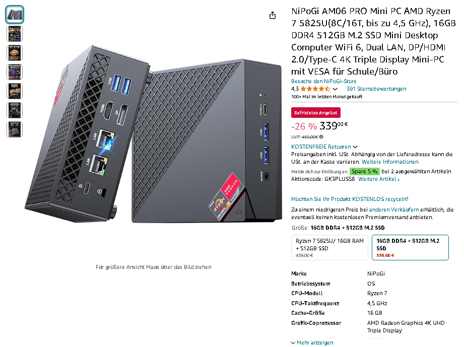 Screenshot des NiPoGi AM06 PRO Mini PCs