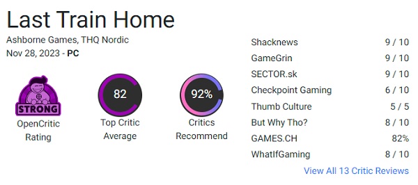 La critica e i giocatori hanno accolto calorosamente la strategia Last Train Home: il gioco ha ottenuto ottime recensioni e punteggi elevati.-2