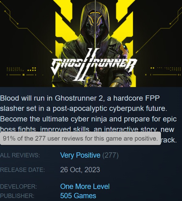 Flott spill, men ikke for alle: Steam-brukerne er begeistret for cyberpunk-actionspillet Ghostrunner 2, med en topp på nettet som er liten.-2