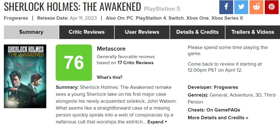 Monotone et ennuyeux : les critiques ont modérément évalué le remake de Sherlock Holmes : The Awakened. Le jeu a reçu une note moyenne sur les agrégateurs-2